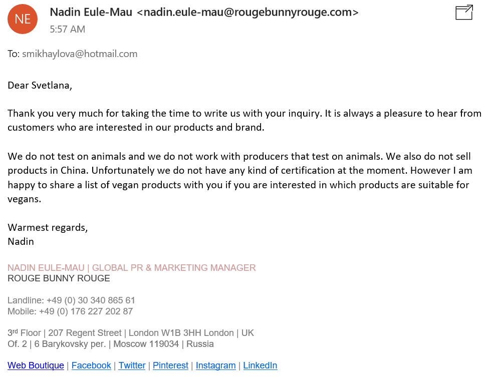 Rouge Bunny Rouge ethically sourced products are not tested on animals. | Ethical Bunny's guide to cruelty free and vegan skincare, makeup, haircare, bodycare, personal care, fragrance, beauty and household. Complete database list of natural, clean, green, non-toxic, organic options. Drugstore, luxury, high end, indie.